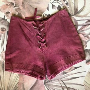 Vintage 70s red suede shorts Small high waisted lace up soft leather hotpants